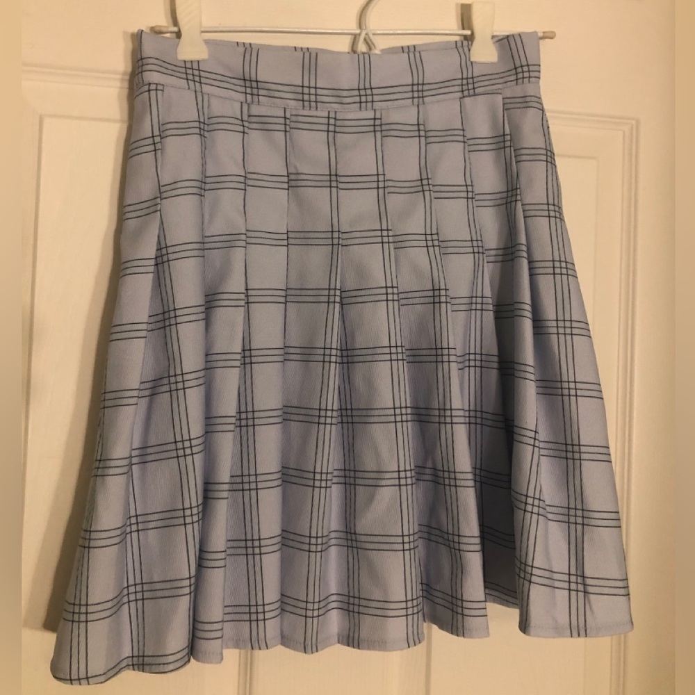 Shein Light Blue Plaid Skirt High Waisted with Black Pattern